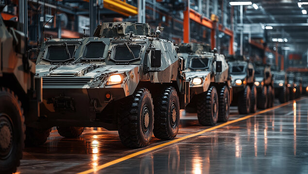 Row of military armored vehicles lined up in a factory setting with industrial lighting and polished floors.