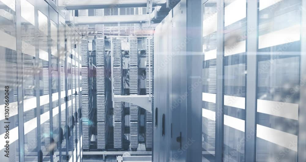 Poster data processing animation over futuristic server room with glowing lights