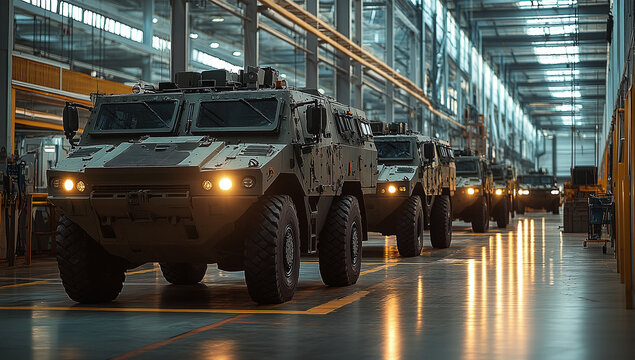 Row of military armored vehicles lined up in a factory setting with industrial lighting and polished floors.