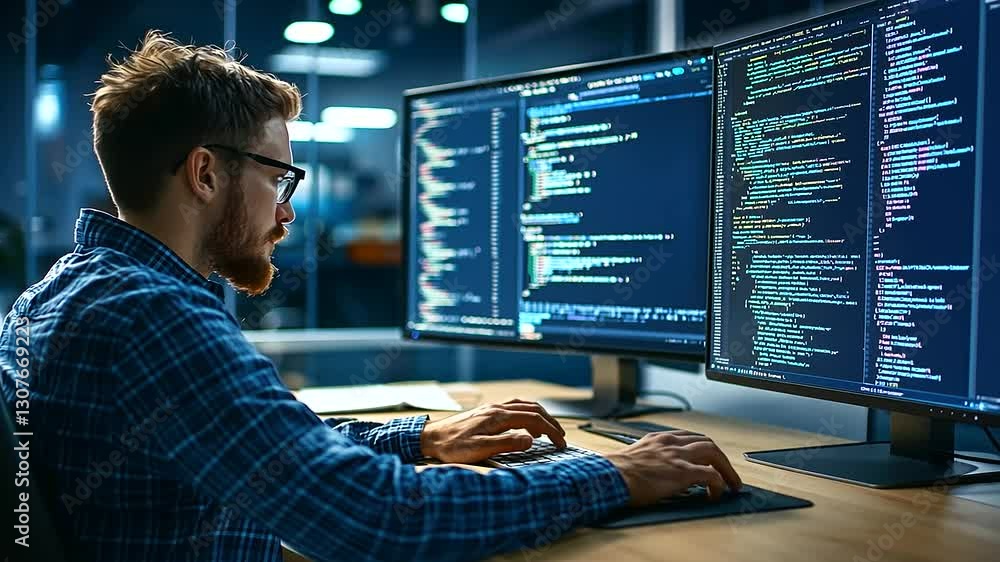 Poster ai developer optimizing data flow and analytics in a contemporary office setting.