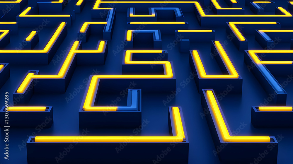 Poster abstract maze design with glowing neon lines in dark background