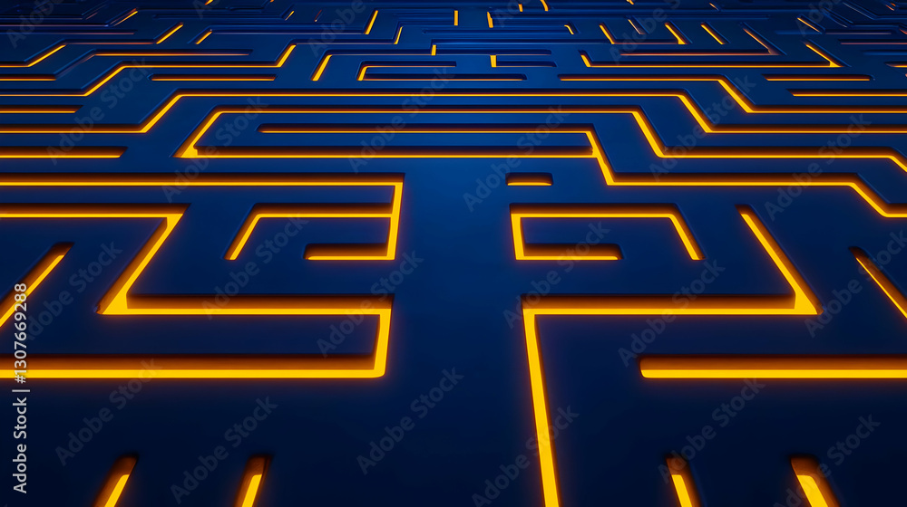 Poster intricate maze pattern with glowing lines on dark background