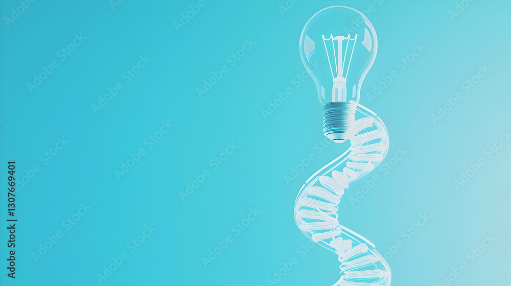 Poster conceptual image of dna helix and light bulb on turquoise background