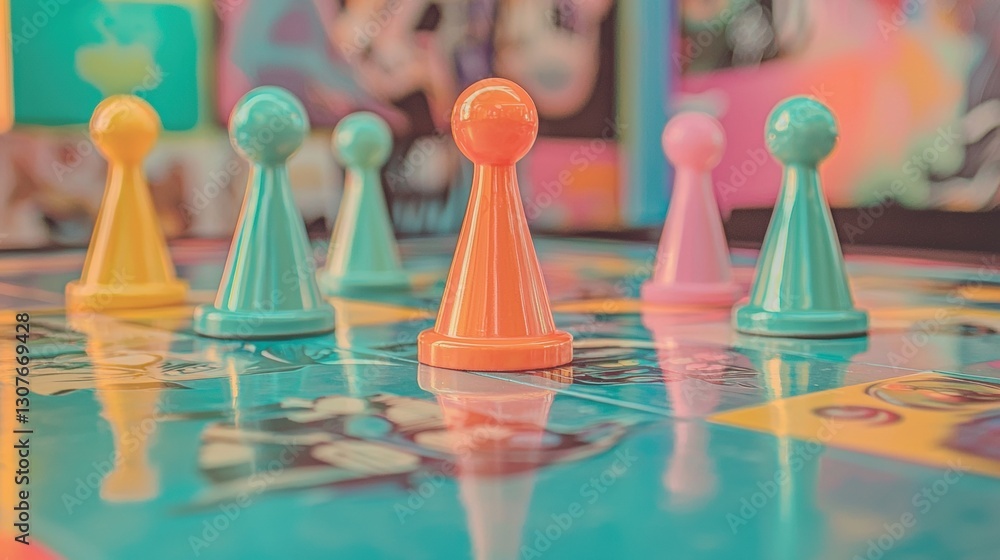 Poster group of colorful chess pieces on a board game. the board is covered in a blue and green patterned s