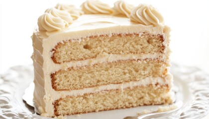 Three-layer vanilla cake slice with buttercream frosting on elegant plate