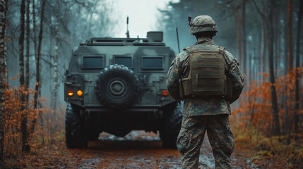 Soldier in camouflage stands by armored military vehicle in forest