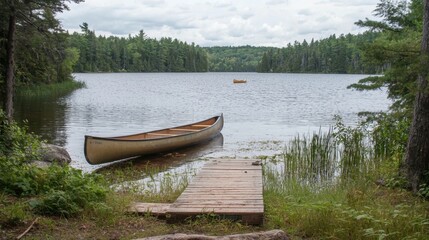 Obraz premium Canoe rests by the shore of a tranquil lake surrounded by lush greenery on a cloudy day