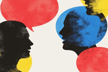 A vibrant display of varied thoughts and conversation bubbles encircles a wide banner featuring the silhouettes of community members' heads, symbolizing cohesive teamwork and productive dialogue