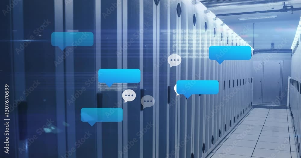 Poster in data center, chat bubbles floating over server racks, creating animation effect