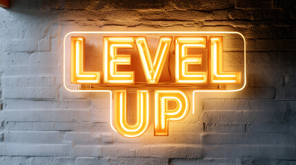 A neon "LEVEL UP" sign glowing in golden perfection, ultra-sharp edges, fine electrical wiring details visible, precise reflections on glass surface, balanced contrast making it pop
