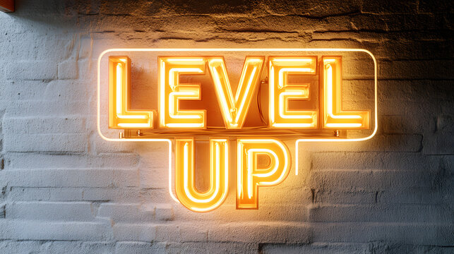 A neon "LEVEL UP" sign glowing in golden perfection, ultra-sharp edges, fine electrical wiring details visible, precise reflections on glass surface, balanced contrast making it pop - Powered by Adobe
