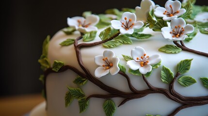 Elegant cake adorned with intricate floral decorations in a cozy interior setting