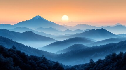 Obraz premium Serene sunrise paints hazy blue mountainscape soft light bathes tranquil scene. AI Generated