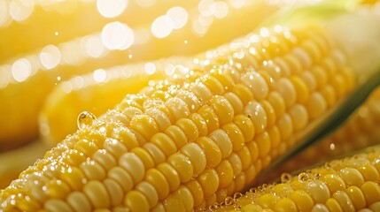 Extreme close-up of rotating raw yellow sweet corn