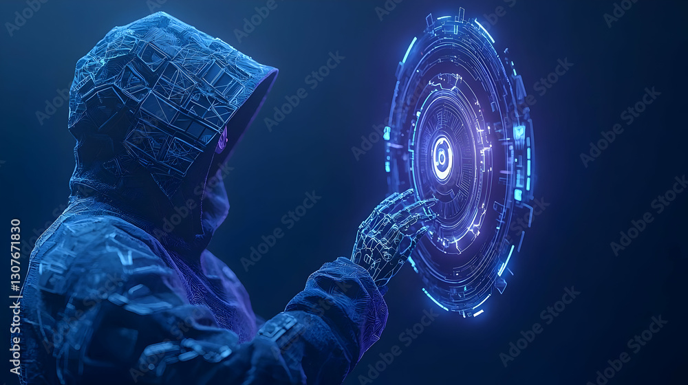 Poster futuristic hacker engaging with digital interface technology
