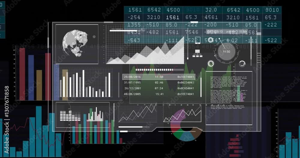Poster displaying financial graphs and global data analytics, digital dashboard in use
