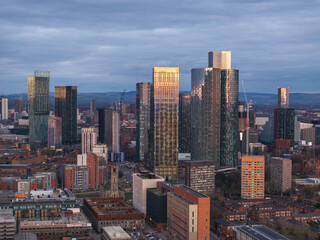 Modern Skyline of Manchester at Sunset with Deansgate Square