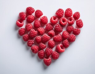 Fotografía profesional, un corazon realizado de frambuesas rojas, fondo blanco, realista, 4k