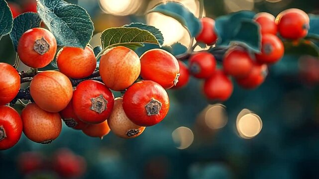 Autumn crab apples on branch, soft sunlight, blurred background