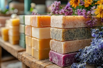 Handmade Soap Display with Flowers Natural Organic Spa Aroma Beauty Bath Products Stacked Assortment