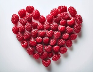 Fotografía profesional, un corazon realizado de frambuesas rojas, fondo blanco, realista, 4k
