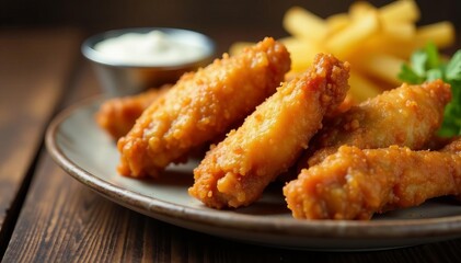 Close up of golden fried chicken wings served on rustic table, rustic, wings