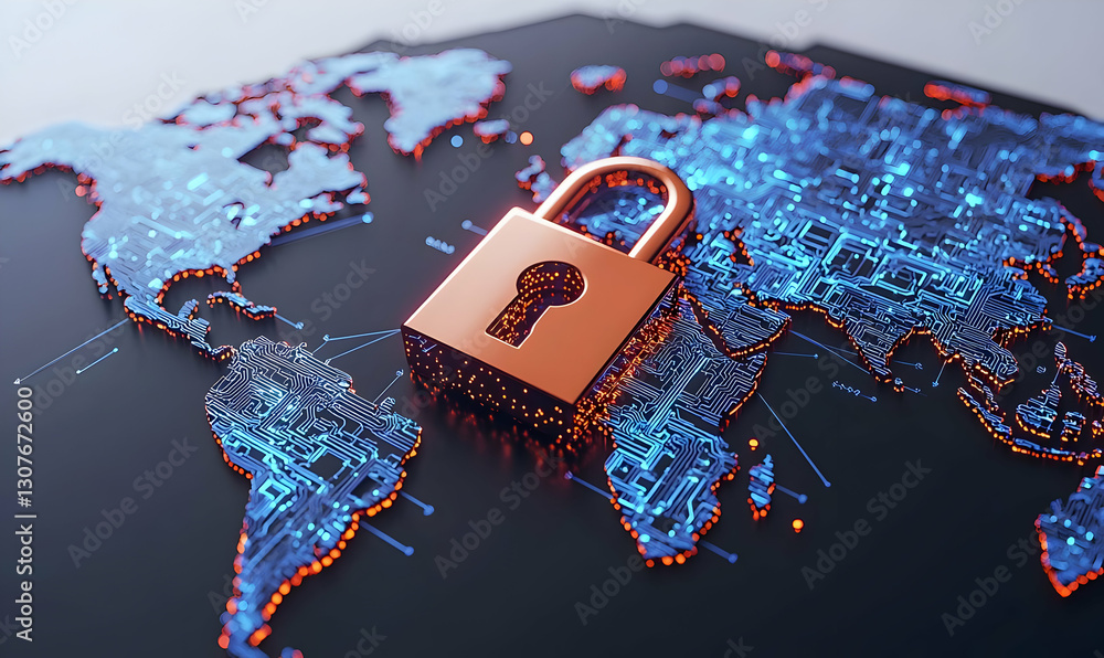 Aufkleber digital security lock on world map with technology circuit design