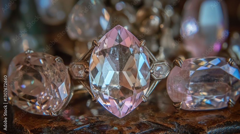 Poster close-up of a ring with three large, faceted gemstones. the gemstones are arranged in a triangular f