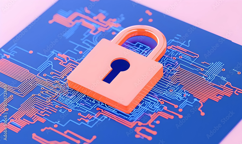 Poster digital security concept with lock on circuit board background