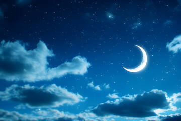 Night sky with crescent moon and clouds; serene nocturnal scene; ideal for peaceful, calming backgrounds or websites