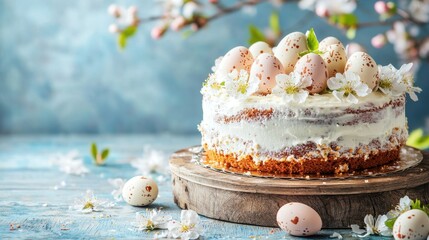 Spring cake decorated with eggs and flowers on a wooden table surrounded by cherry blossom branches