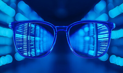 Futuristic Glasses Reflecting Digital Data in Blue Light