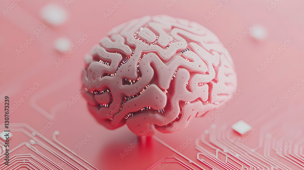 Poster detailed view of abstract brain model on pink circuit background