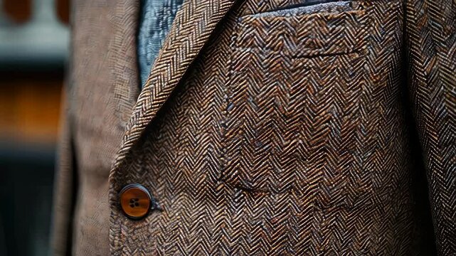 video of  close-up of an elegant brown tweed suit featuring a herringbone pattern, accompanied by Mocha Mousse