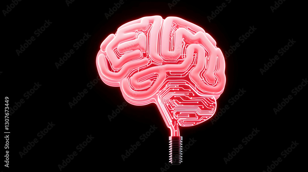 Poster neon brain illustration with circuit design and abstract background