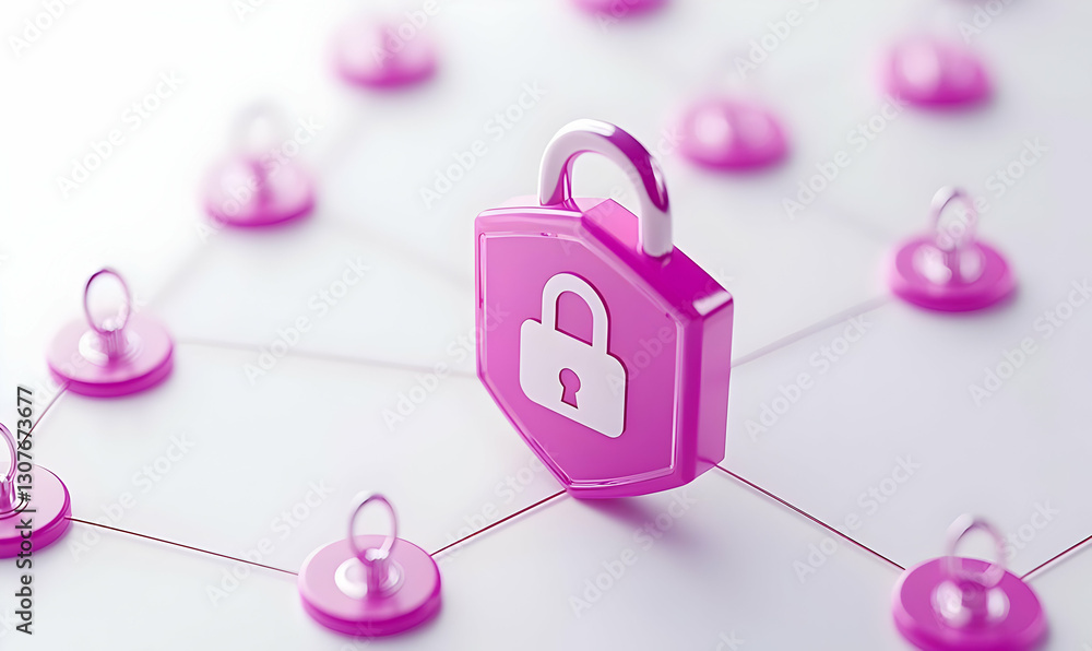 Poster digital security concept with pink padlock and connected nodes