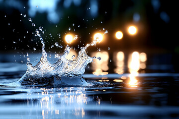 Nighttime water droplet splash, city lights bokeh background. Ideal for websites, blogs, or advertising related to purity, freshness, or tranquility