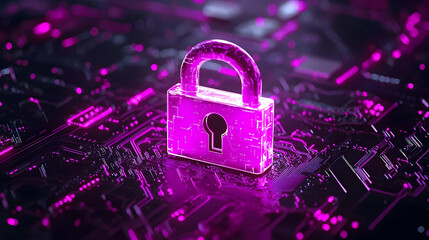 Digital Lock Icon on Abstract Technology Background in Pink Hue