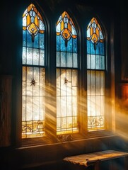 Sunlight Streaming Through Ornate Stained Glass Windows Illuminating a Quiet Table in the Church