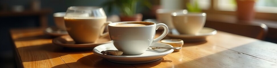 Fototapeta premium Close-up of multiple trays of to-go coffee cups on a wooden table, containers, takeout