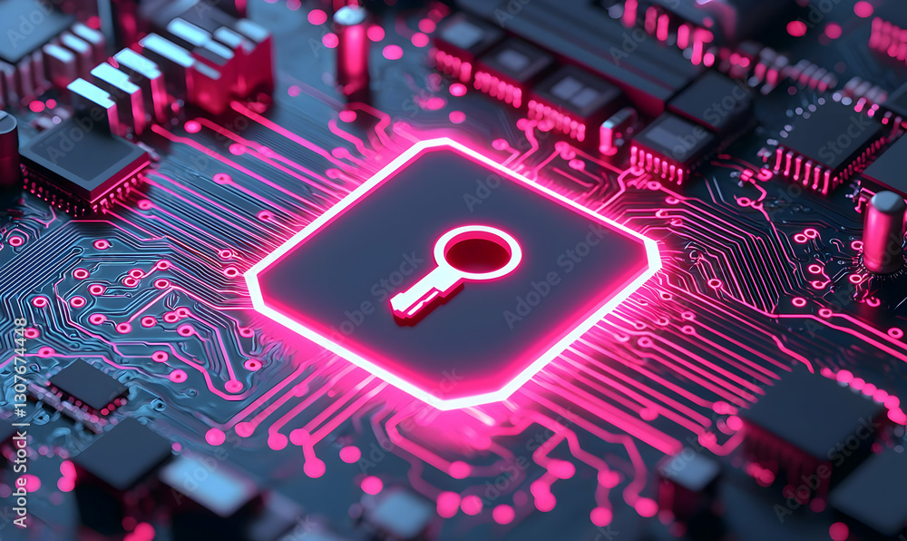 Poster high-tech circuit board with keyhole symbol for cybersecurity theme