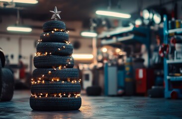 Fototapeta premium A Christmas tree constructed from tires, adorned with a lighted garland, set against the backdrop of a car repair shop or tire station, with copy space.