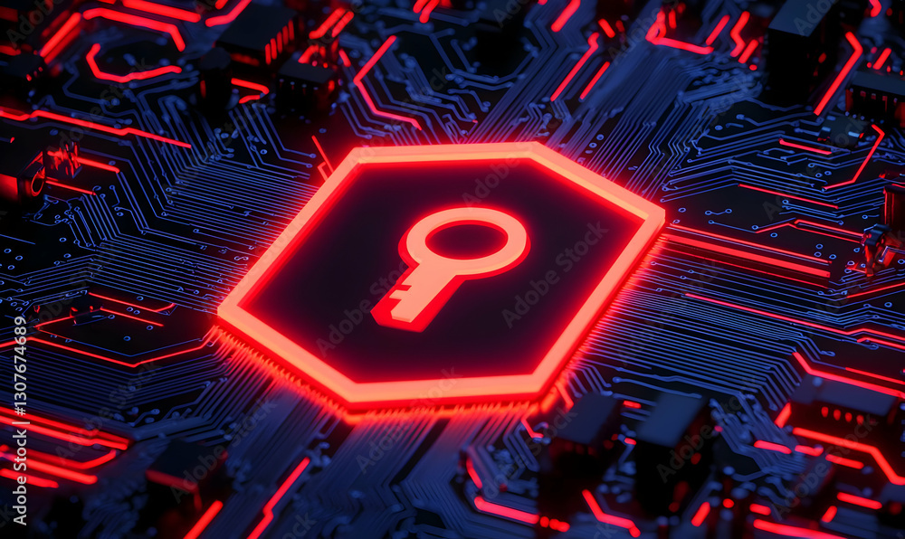 Aufkleber digital key symbol on circuit board background with red glow