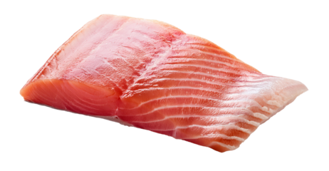 Fresh salmon fillet isolated on transparent background, showing vibrant red hues