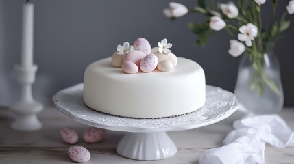Elegant spring cake adorned with pastel eggs and flowers on a decorative stand in a soft, natural light setting