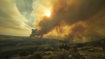 Smoke from a wildfire rises high into the sky, creating a dramatic landscape view visible from miles away in the afternoon