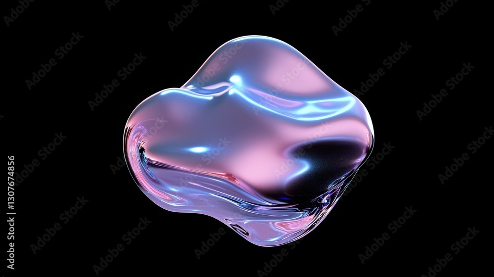 Poster a 3d rendering of an abstract, fluid, holographic, and iridescent purple wave with a curved shape se