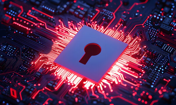 Digital Lock Symbol on Circuit Board with Red Illuminated Design