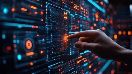 Futuristic interface, hand interacts with glowing HUD, digital display