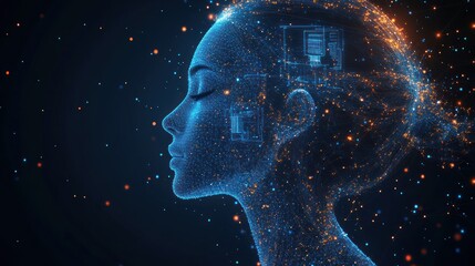 Digital woman profile, data visualization, glowing particles, abstract background, technology concept